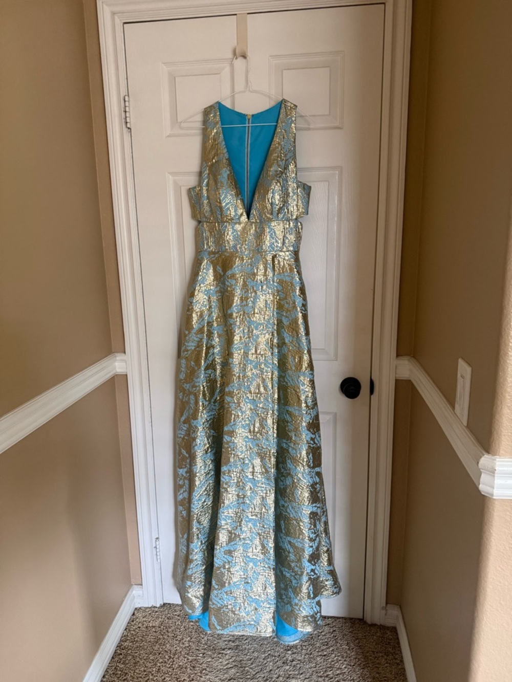 Mac Duggal Gold and Light Blue V-Neck Jacquard Gown - Picture 3 of 5